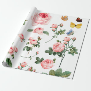 VINTAGE BOTANICAL PINK ROSES WRAPPING PAPER