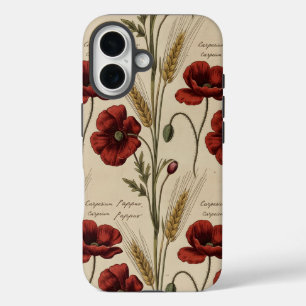 Vintage Botanical Poppy Script– Antique Red iPhone 16 Case