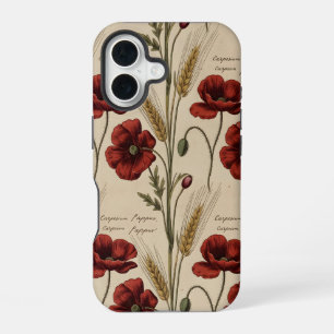 Vintage Botanical Poppy Script– Antique Red iPhone 16 Case