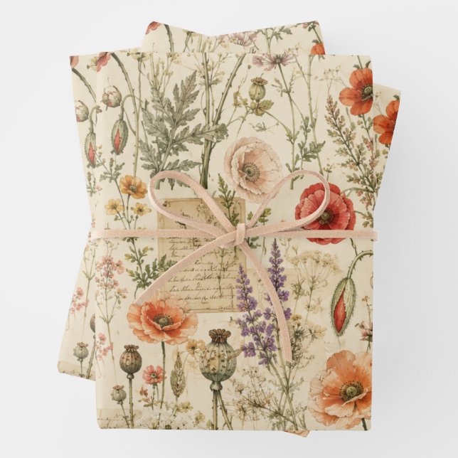 Vintage Botanical Poppy Wrapping Paper (In situ)