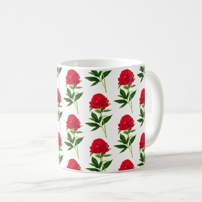 Vintage Botanical Print, Deep Red Peony Coffee Mug (Front Right)