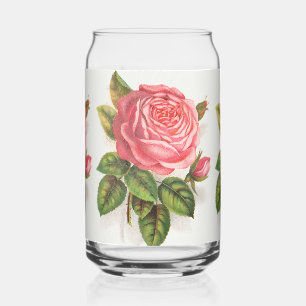 Vintage botanical print La Reine pink rose Can Glass