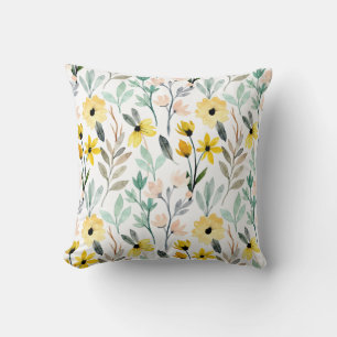 Vintage Botanical Print with Wild Flowers on Black Cushion