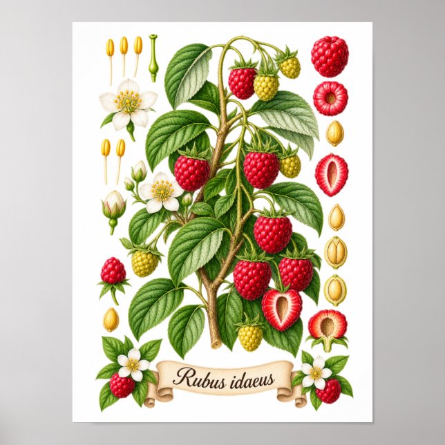 Vintage Botanical Raspberry Illustration Poster (Front)