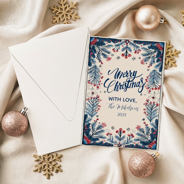 Vintage Botanical Red and Blue Holiday Card (Creator Uploaded)