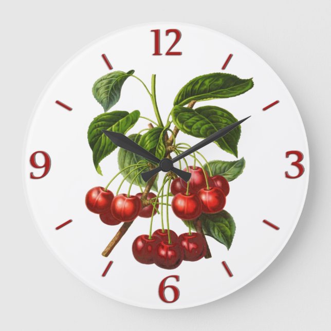 Vintage Botanical Red Cherries Print Large Clock (Front)