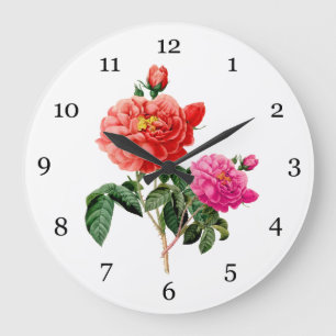 vintage botanical red, pink rose flowers large clock