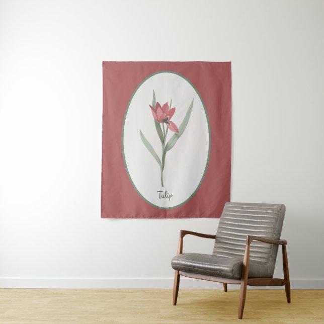 Vintage Botanical Red Tulip Flower Cameo  Tapestry (In Situ)