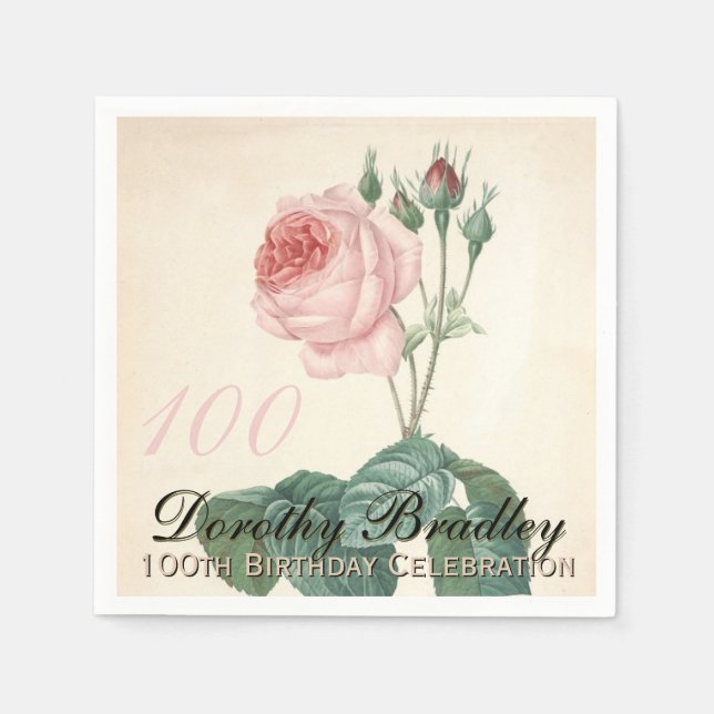 Vintage Botanical Rose 100th Birthday Party PN Napkin (Front)