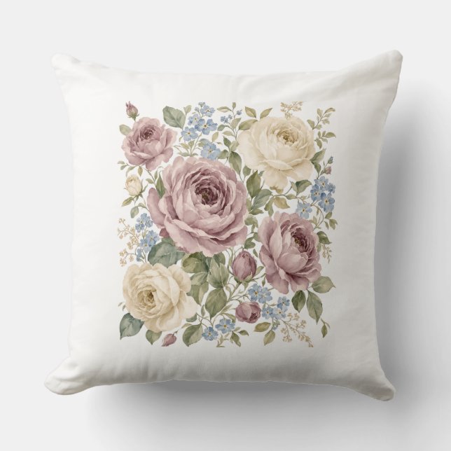 Vintage Botanical Rose and Butterfly Pattern Throw Cushion (Front)