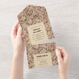 Vintage Botanical Rose Garden & Butterfly Pattern All In One Invitation