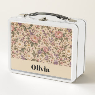 Vintage Botanical Rose Garden & Butterfly Pattern Metal Lunch Box
