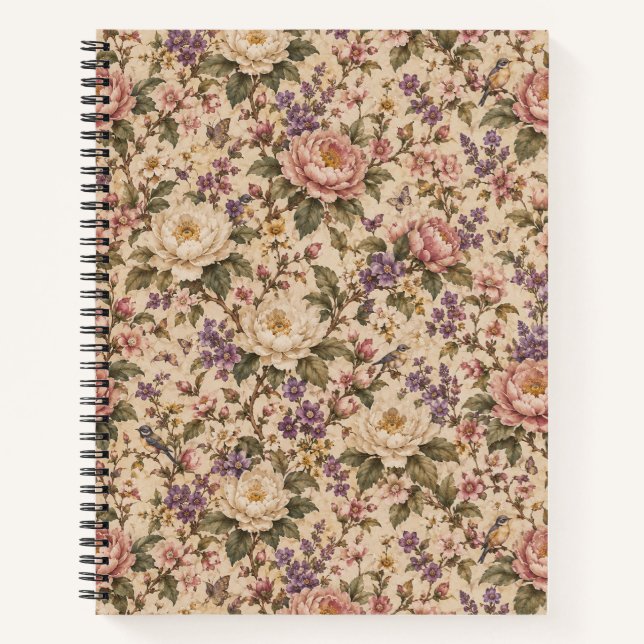 Vintage Botanical Rose Garden & Butterfly Pattern Notebook (Front)