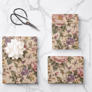 Vintage Botanical Rose Garden & Butterfly Pattern Wrapping Paper Sheet