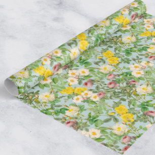 Vintage Botanical Rose Wrapping Paper in Sea Glass