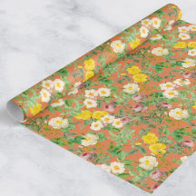 Vintage Botanical Rose Wrapping Paper in Warm Peac