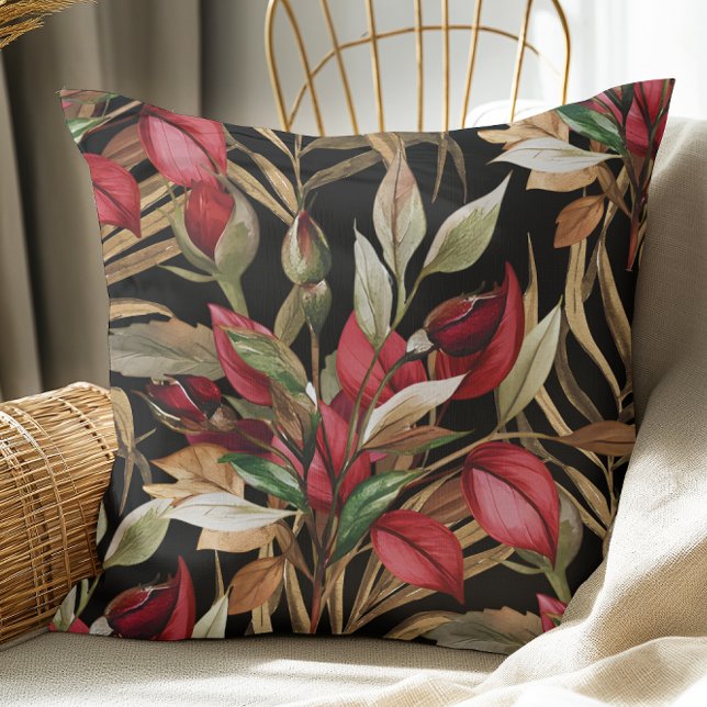 Vintage Botanical Roses And Palm Leaves Black Cushion (Creator Uploaded)