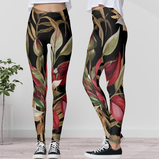 Vintage Botanical Roses And Palm Leaves Black Leggings (Creator Uploaded)