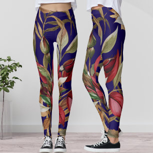 Vintage Botanical Roses and Palm Leaves Blue Leggings