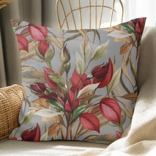 Vintage Botanical Roses And Palm Leaves Grey Cushion