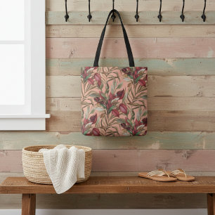 Vintage Botanical Roses And Palm Leaves Peach Tote Bag