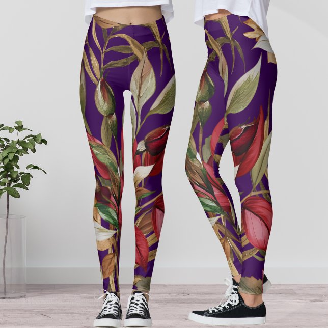 Vintage Botanical Roses and Palm Leaves Purple Leggings (Creator Uploaded)