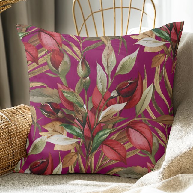 Vintage Botanical Roses And Palm Leaves Wine Cushion (Creator Uploaded)
