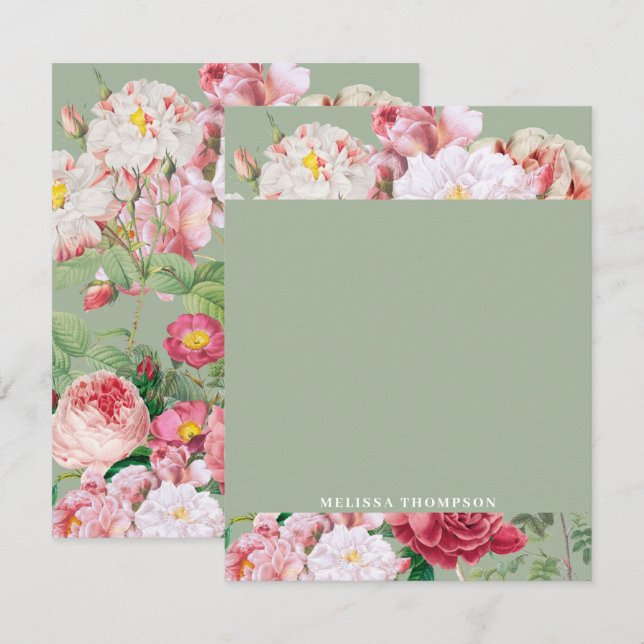 Vintage Botanical Roses Green & Pink  Card (Front/Back)