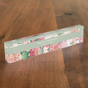 Vintage Botanical Roses Pastel Green & Pink Nameplate