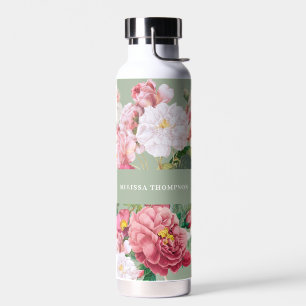Vintage Botanical Roses Pastel Green & Pink  Water Bottle