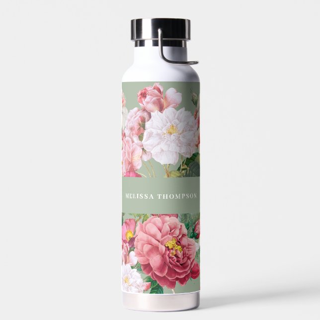 Vintage Botanical Roses Pastel Green & Pink  Water Bottle (Left)
