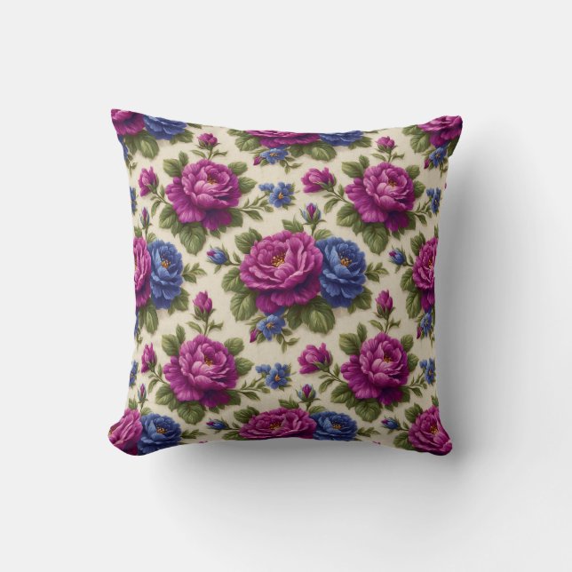 Vintage Botanical Rustic Purple & Blue Floral Cushion (Front)