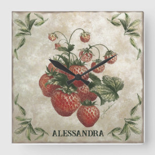 Vintage Botanical Rustic Strawberries  Square Wall Clock