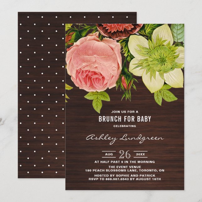 Vintage Botanical Rustic Wood Baby Shower Brunch Invitation (Front/Back)