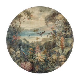 Vintage botanical scene birds flowers in paradise cutting board