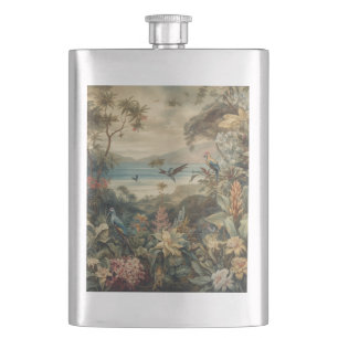 Vintage botanical scene birds flowers in paradise hip flask