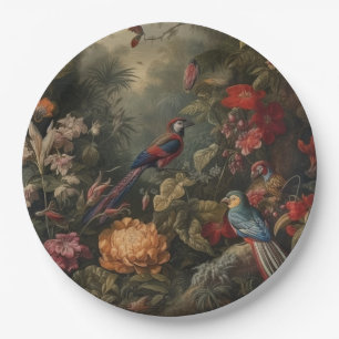 Vintage botanical scene birds flowers in paradise paper plate