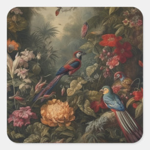 Vintage botanical scene birds flowers in paradise square sticker