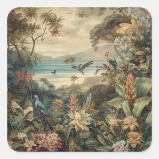 Vintage botanical scene birds flowers in paradise square sticker