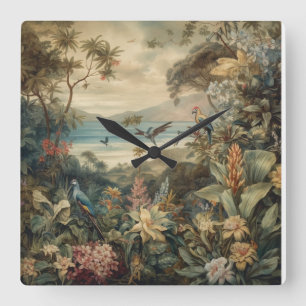 Vintage botanical scene birds flowers in paradise square wall clock