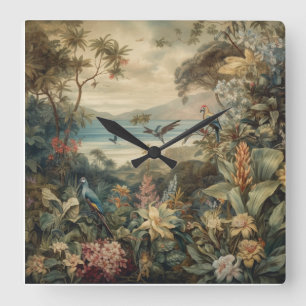 Vintage botanical scene birds flowers in paradise square wall clock