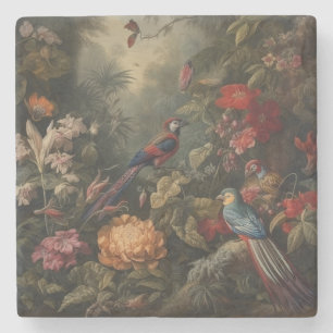 Vintage botanical scene birds flowers in paradise stone coaster