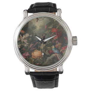 Vintage botanical scene birds flowers in paradise watch