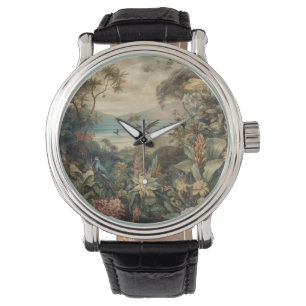 Vintage botanical scene birds flowers in paradise watch