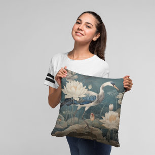 Vintage botanical scene blue crane and lotus cushion