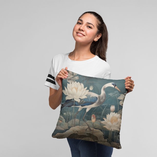 Vintage botanical scene blue crane and lotus cushion (Creator Uploaded)
