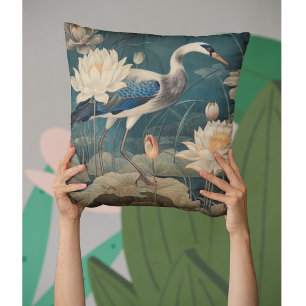 Vintage botanical scene blue crane and lotus cushion