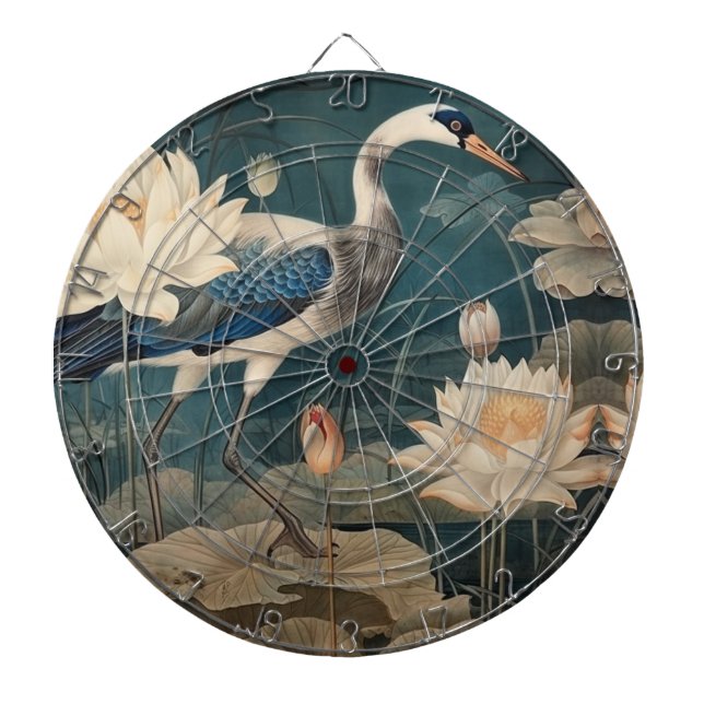 Vintage botanical scene blue crane and lotus dartboard (Front)