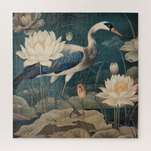 Vintage botanical scene blue crane and lotus jigsaw puzzle