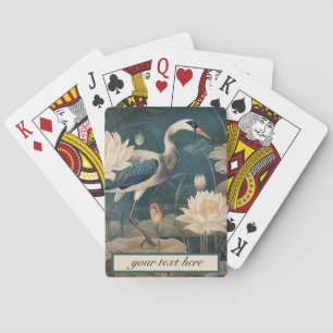 Vintage botanical scene blue crane and lotus playing cards